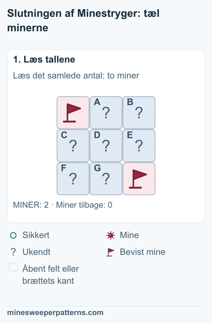 Hele brættet har 3 × 3 felter og to miner. Begge miner er bevist og har flag i modsatte hjørner. Syv felter er lukkede.