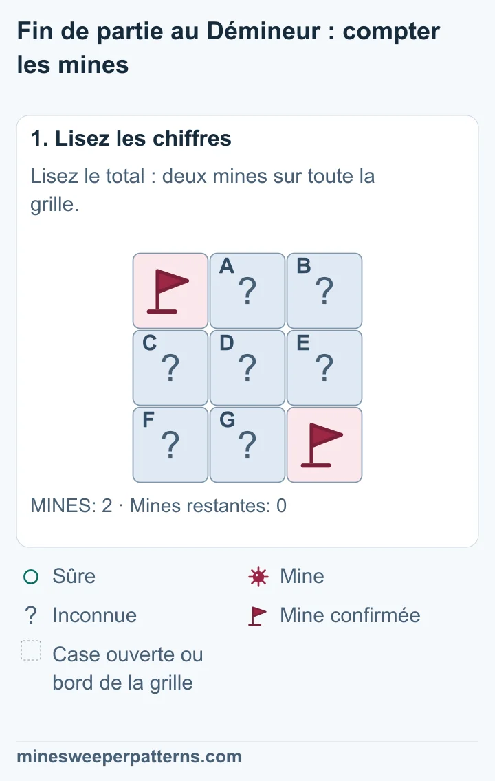 La grille entière a trois lignes, trois colonnes et deux mines au total. Les mines confirmées sont marquées dans les coins en haut à gauche et en bas à droite. Les sept autres cases sont fermées.