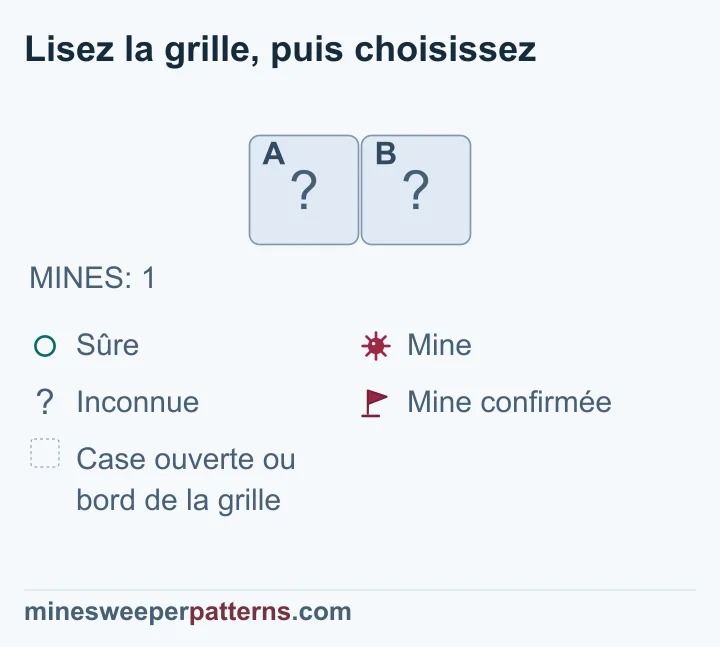 Deux cases fermées partagent la seule mine de la grille ; le total ne permet pas de la localiser.
