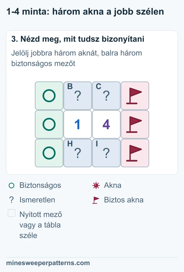 A jobb szélső oszlopban három zászló, a bal szélsőben három biztonságos kör látható, a közös csoport aknahelye ismeretlen.