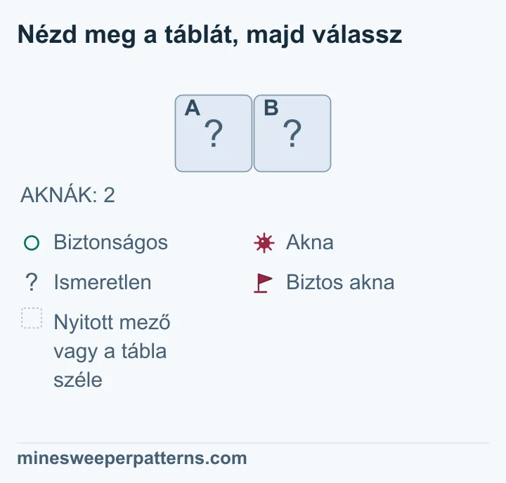 A teljes hátralévő tábla egyetlen sorból és két oszlopból áll. Mindkét mező fedett, látható szám és zászló nélkül. A megadott összes akna száma 2. Mivel az egész tábla két ismeretlen mezőjén kell két aknának elférnie, mindkét mező aknás. Ezt a teljes aknaszám bizonyítja. A képen mindkettő továbbra is kérdőjeles fedett mező, még egyik aknán sincs zászló.