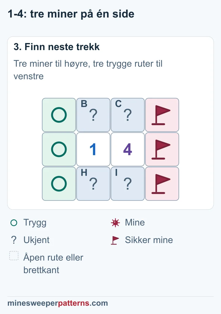 Alle tre rutene i høyre ytterkolonne har miner med flagg. Alle tre i venstre ytterkolonne er merket som trygge. De fire felles rutene har én mine til sammen.