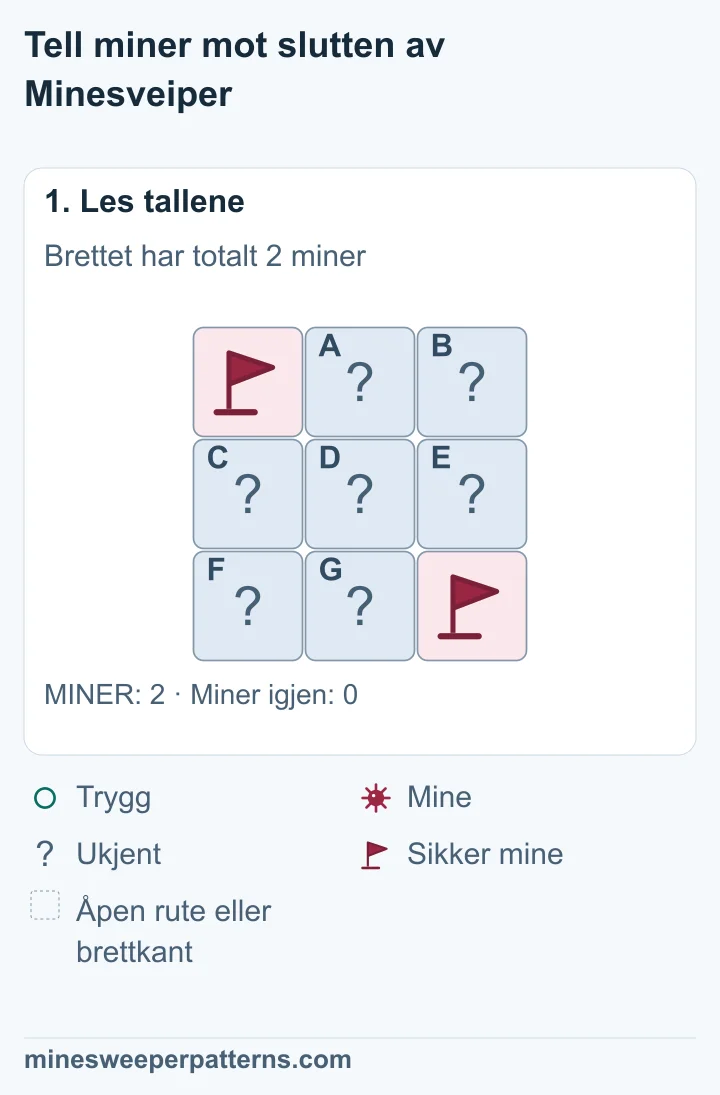 Hele brettet har tre ganger tre ruter og totalt to miner. De sikre minene har flagg øverst til venstre og nederst til høyre. Sju ruter er lukket.