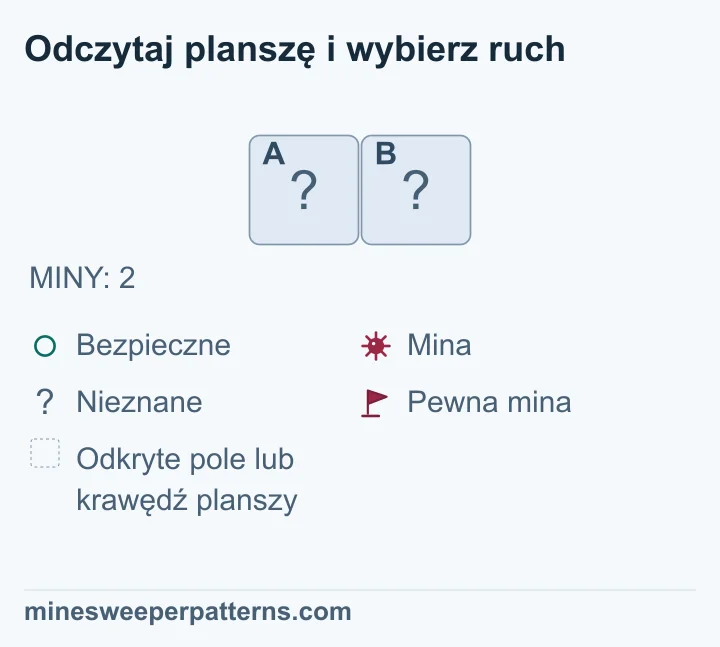 Cała plansza ma jeden wiersz, dwie kolumny i łącznie dwie miny. Oba pola są zakryte. Nie ma flag, widocznych liczb ani pustych lub pominiętych pól. Do znalezienia zostały dwie miny, a na planszy są tylko dwa możliwe miejsca. Oba pola muszą więc zawierać miny. To wniosek z podanej całkowitej liczby min; na obrazku żadne z pól nie jest odkryte ani oznaczone flagą.
