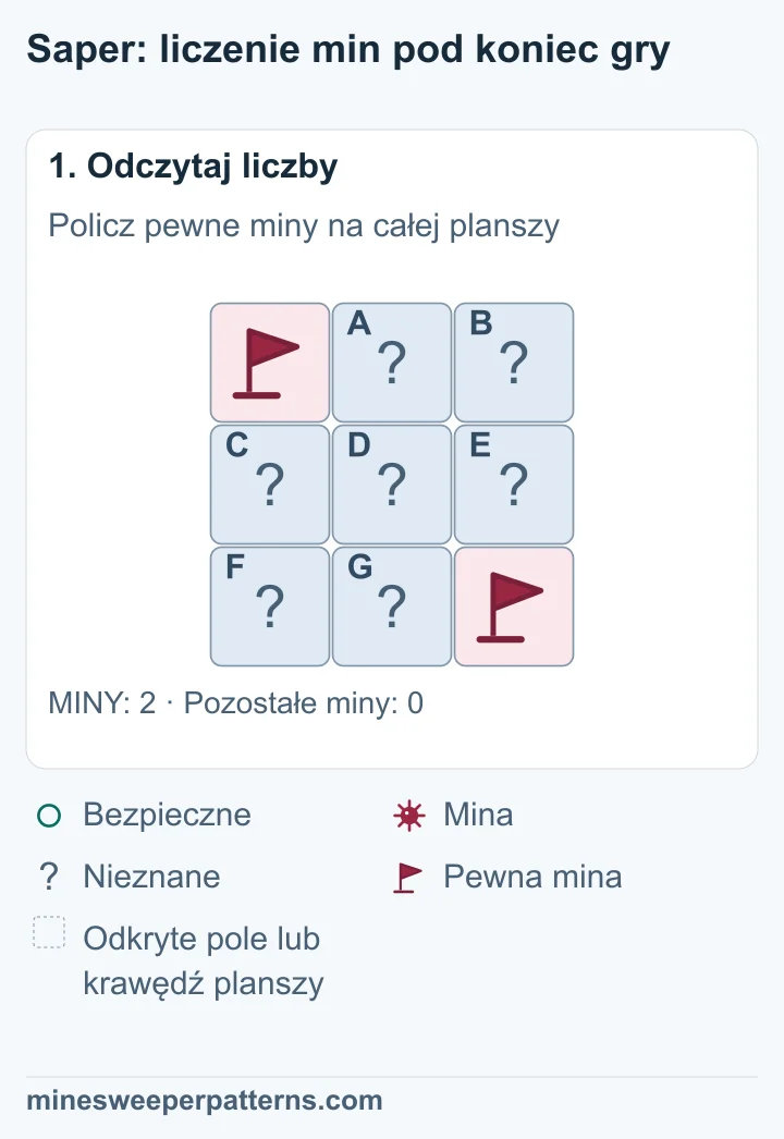 Cała plansza 3 na 3 ma dwie miny. Pewne miny z flagami są w lewym górnym i prawym dolnym rogu. Pozostałe siedem pól jest zakrytych. Zostało zero min do znalezienia.