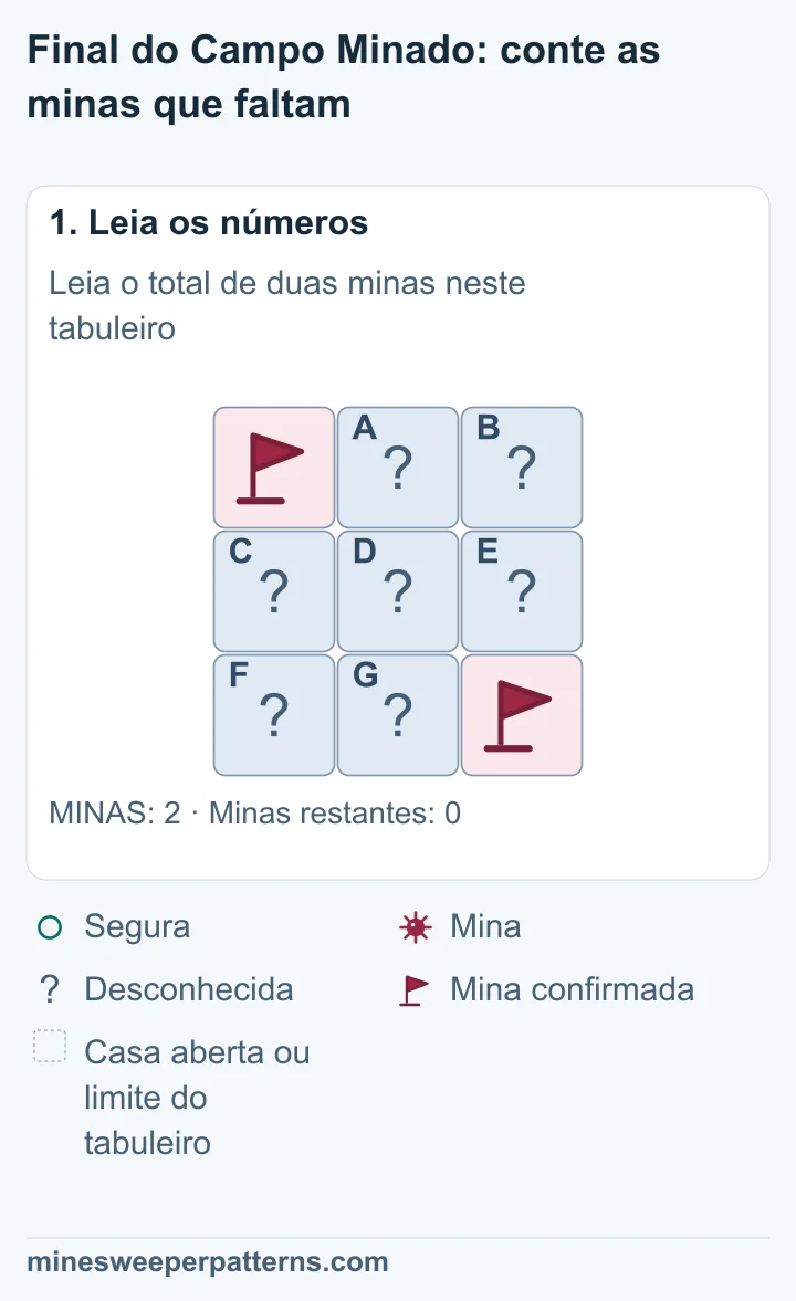 O tabuleiro inteiro tem 3 por 3 casas e duas minas. Ambas estão confirmadas com bandeiras, no alto à esquerda e embaixo à direita. As outras sete casas estão fechadas.