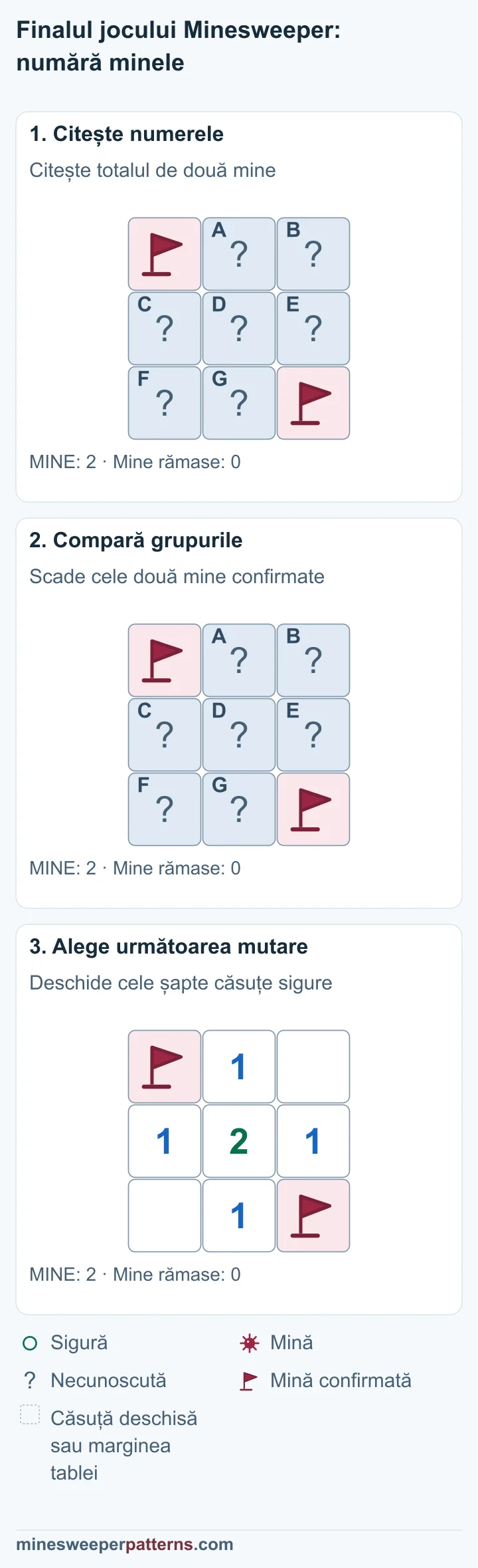 Întreaga tablă de 3 × 3 are două mine. Ambele sunt confirmate și marcate în stânga sus și dreapta jos. Celelalte șapte căsuțe sunt acoperite. Totalul de două mine minus cele două mine confirmate lasă zero mine. Toate celelalte șapte căsuțe acoperite sunt sigure. Cele șapte căsuțe fără mine sunt deschise. Cele două mine confirmate rămân în colțurile opuse ale tablei.