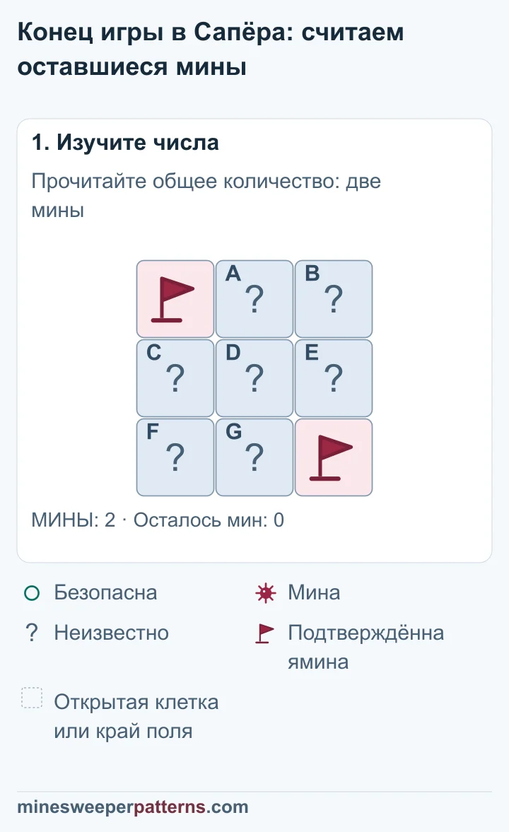Всё поле 3 на 3 содержит две мины. Они найдены и отмечены в левом верхнем и правом нижнем углах. Остальные семь клеток закрыты.