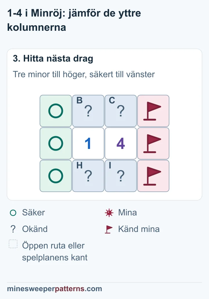 Höger ytterkolumn har tre flaggor. Vänster ytterkolumn har säkra cirklar. Minans plats i den gemensamma gruppen är okänd.