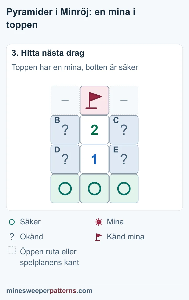 Toppen har en flagga på minan. Nedersta raden har säkra cirklar. Sidogruppen har en mina på obestämd plats.