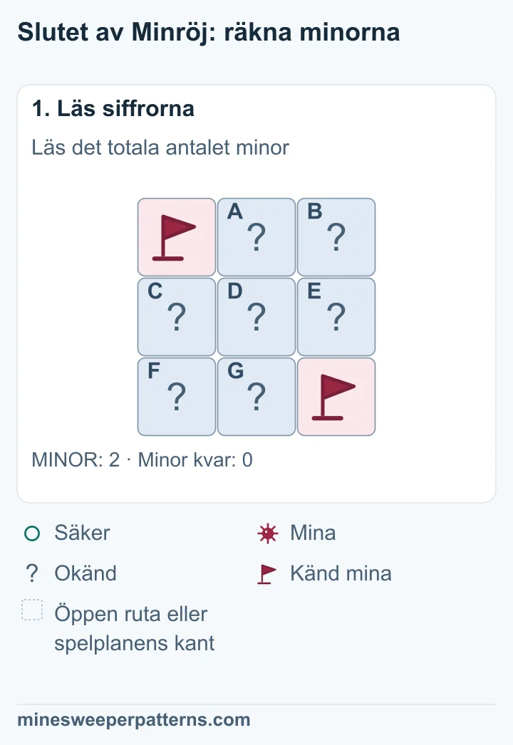 Hela spelplanen har tre rader, tre kolumner och två minor totalt. Båda minorna har flaggor, uppe till vänster och nere till höger. Sju rutor är täckta.