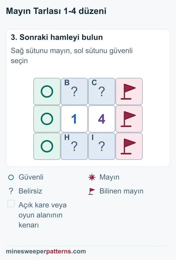 Sağ dış sütun bayraklı, sol dış sütun güvenli çemberli; ortak gruptaki bir mayının yeri belirsiz.