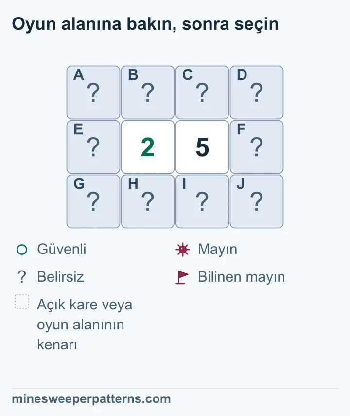 2-5 düzeninin kapalı sağ dış sütunu mayın, sol dış sütunu güvenli bulunuyor; ortak gruptaki iki mayının yerleri belirsiz.